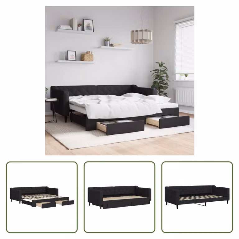The Living Store Letto allungabile con cassetti nero 90x200 cm tessuto