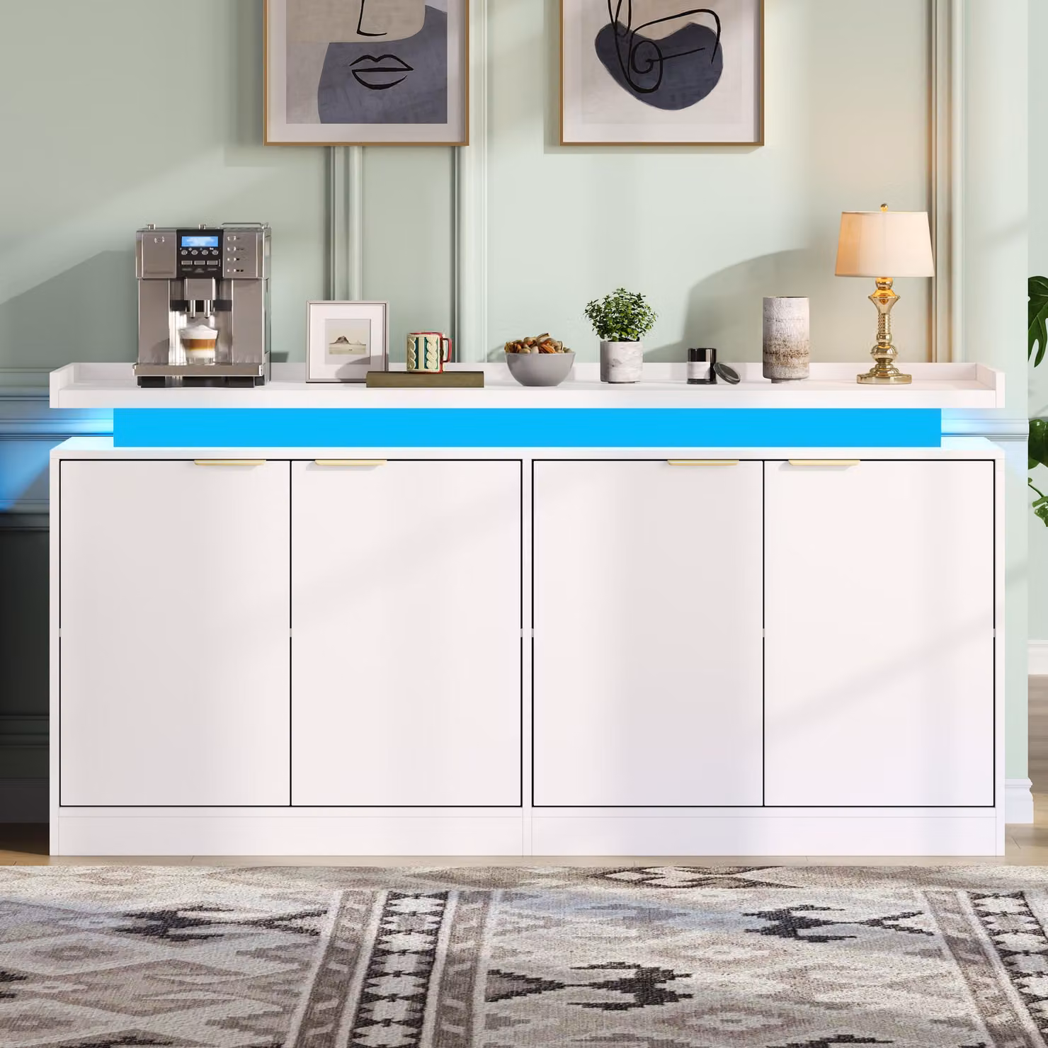 Mobile contenitore Flieks con 4 ante, illuminazione LED e ampio spazio di stoccaggio, ideale per sala da pranzo e soggiorno, armadietto da cucina, mobile autoportante 160x39x83 cm, bianco