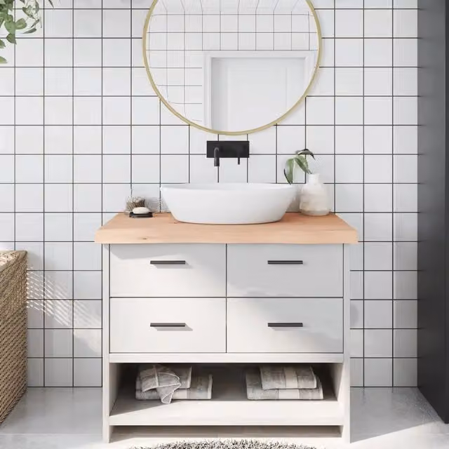 Piano Bagno vidaXL in Legno di Rovere Massello Non Trattato, L: 100 cm, P: 60 cm, H: 2-6 cm