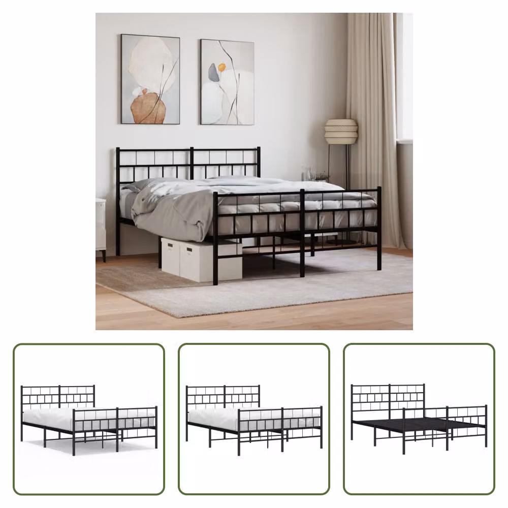 The Living Store Struttura letto con testiera e pediera in metallo nero 150x200 cm