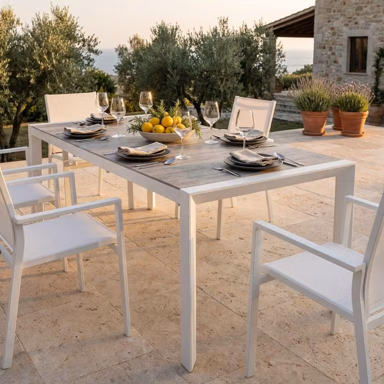 Milani Home - tavolo da giardino allungabile, alluminio e gres, piano in gres, 8 posti, bianco, piano 175/235 x 235 cm