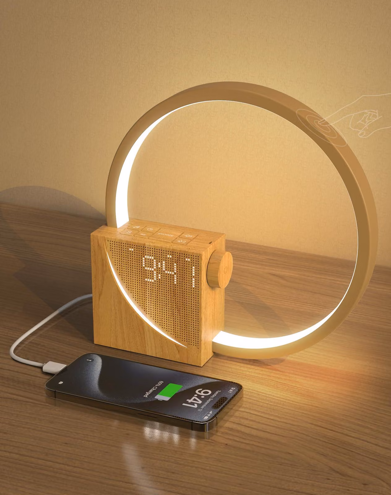 Lampada da comodino da 10W con 2 sveglie, porta USB, 3 livelli di luminosità e 10 suoni