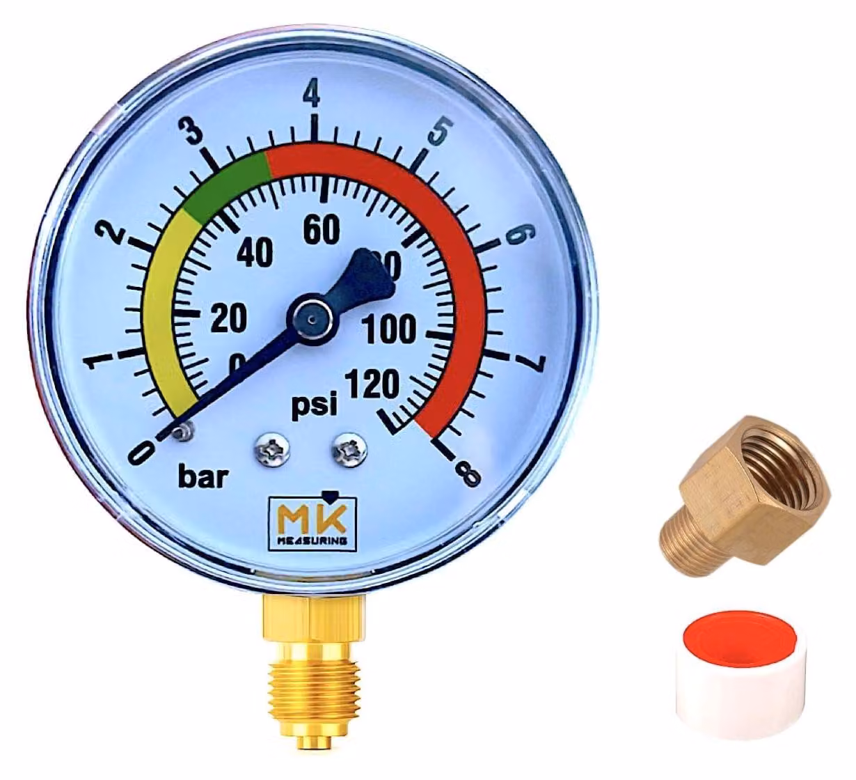 Manometro per la misurazione della pressione dell'acqua, da 0 a 8 bar, con attacco laterale da 1/4" BSP, completo di adattatore