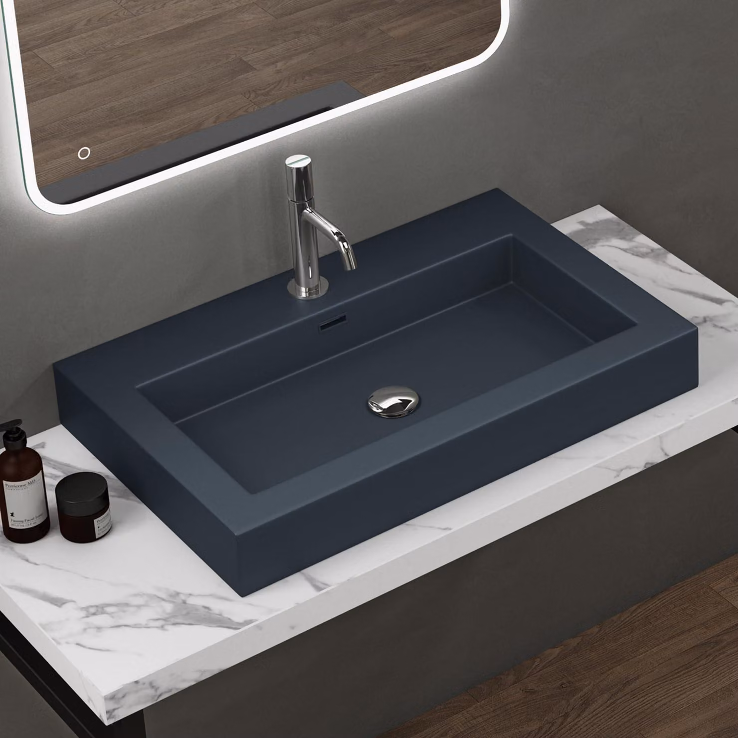 doporro Lavabo da Appoggio Rettangolare, Lavabo Bagno Sospeso con Foro Rubinetto e Troppopieno in Marmo Resina Antracite Opaco, Lavandino Bagno 73x48x10cm Colossum18