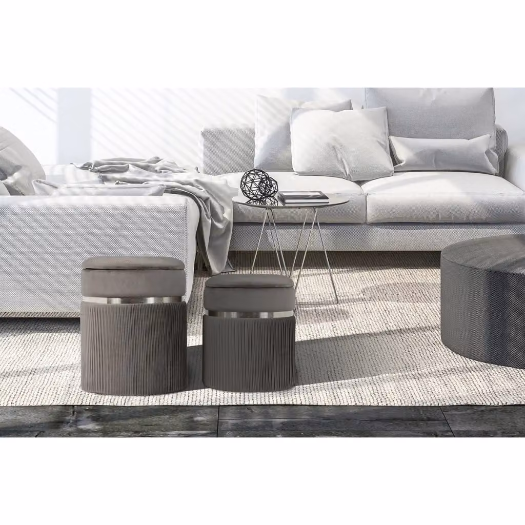 Set di 2 Pouf Cilindrici Zora KENDRA HOME in Velluto Grigio e Argento – 2