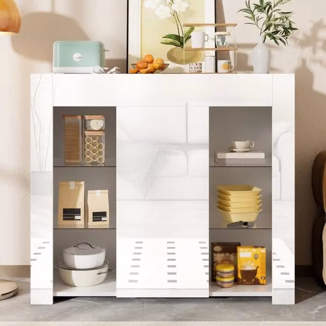 Credenza Mivray moderna in truciolare bianco con ante e ripiani in vetro, ideale per soggiorno o cucina, L: 95 cm, P: 35 cm, H: 83 cm