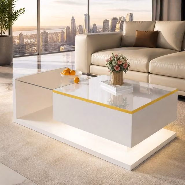Tavolino da salotto bianco lucido 100×50 cm con vetro temperato e LED