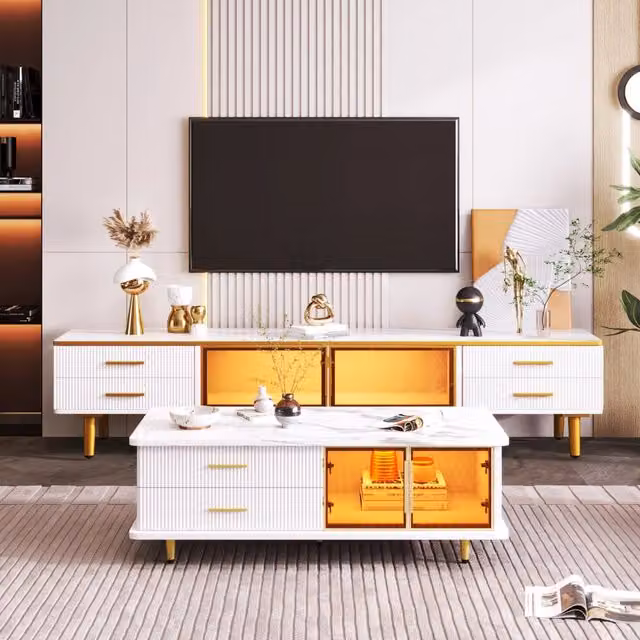 Mobile porta TV moderno OKWISH con LED integrati, 4 cassetti e 2 ante in vetro temperato, colore bianco e oro, L 170 cm x P 37 cm x H 47,5 cm – 1