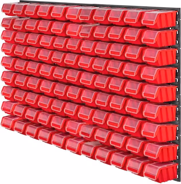 Parete attrezzata KADAX per officina in plastica nera e rossa con 90 scomparti per viti, L: 117 cm, H: 78 cm – 1