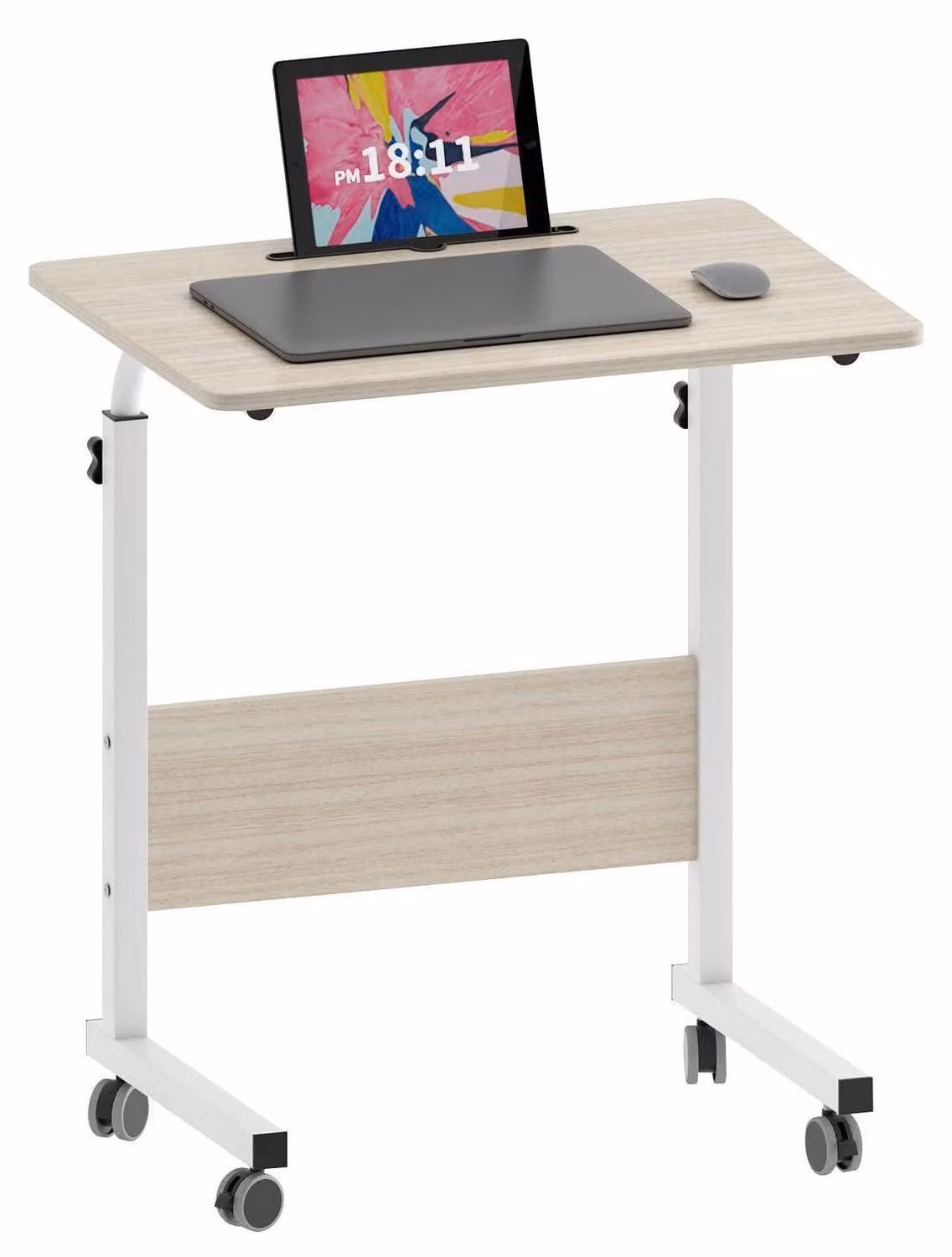 Scrivania regolabile in altezza, con rotelle e supporto per iPad, dimensioni 60x40 cm, colore bianco