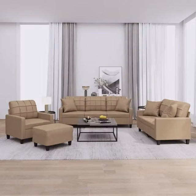 Set di divani moderno vidaXL in similpelle beige composto da divano a 3 posti, divano a 2 posti, pouf e cuscini per il tuo soggiorno – 1