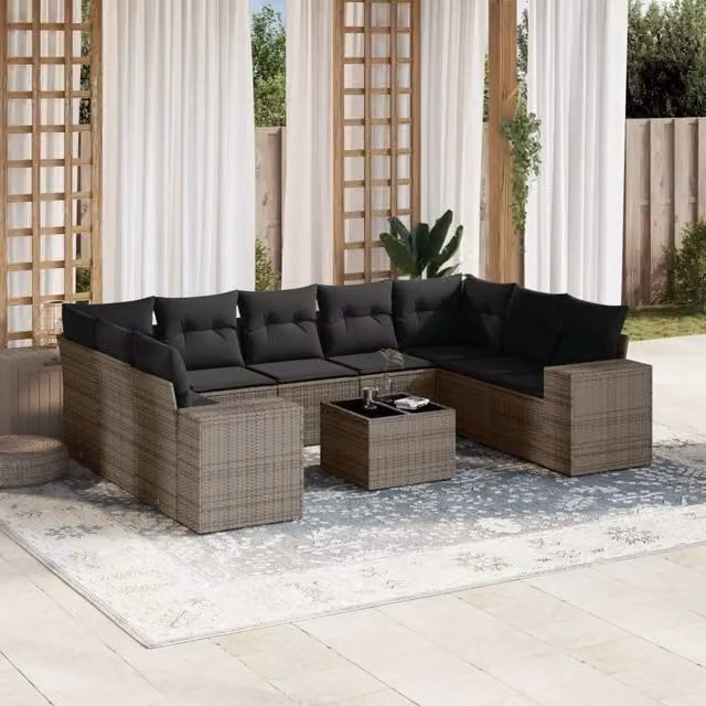Set Divano da Giardino 10 pz con Cuscini Grigio in Polyrattan 3255347
