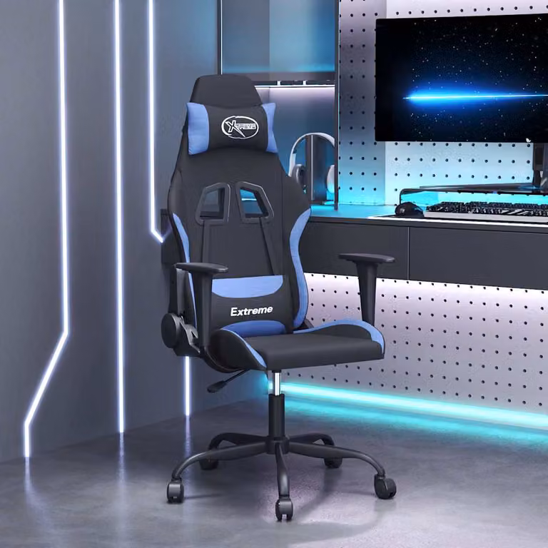 Sedia da Gaming vidaXL Nero e Blu in Tessuto con Poggiatesta e Ruote