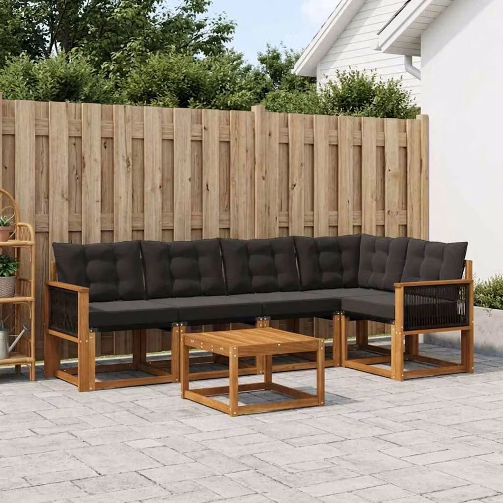 Set di divani da esterno moderno vidaXL in legno di acacia e textilene, 6 pezzi, Marrone e Nero