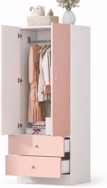 Armadio guardaroba 70x40x170 cm con 2 cassetti e vano appendiabiti in compensato e MDF; rosa