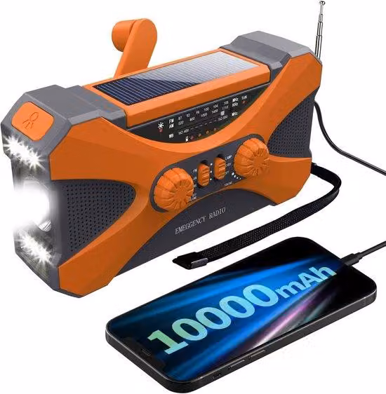 Radio portatile a manovella con energia solare - 10000mAh, AM/FM/WB/NOAA, multiple fonti di ricarica, allarme SOS, torcia LED, luce da lettura, caricabatterie per telefono, presa per cuffie (arancione)