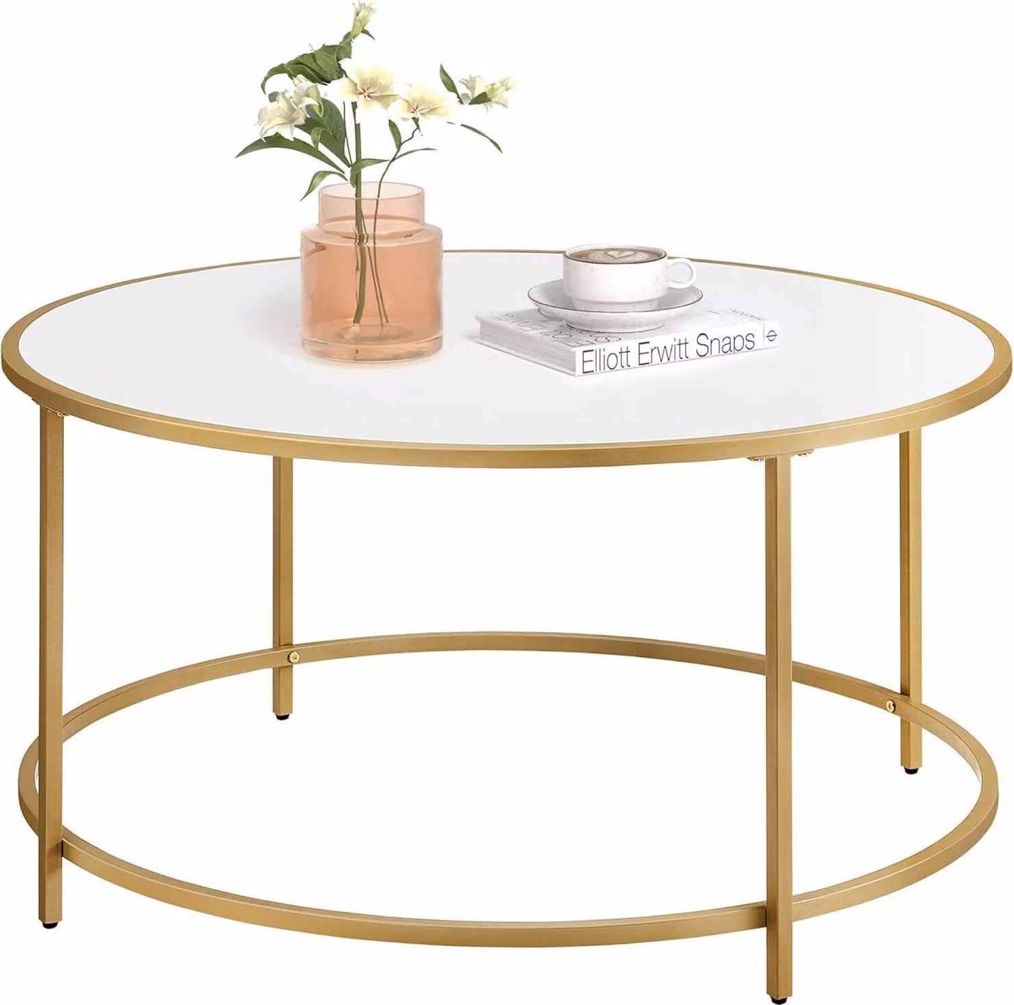 VASAGLE Tavolino rotondo, tavolo da soggiorno con ripiano in legno e struttura in acciaio dorato, tavolino da caffè, facile da montare, stile moderno, oro e bianco