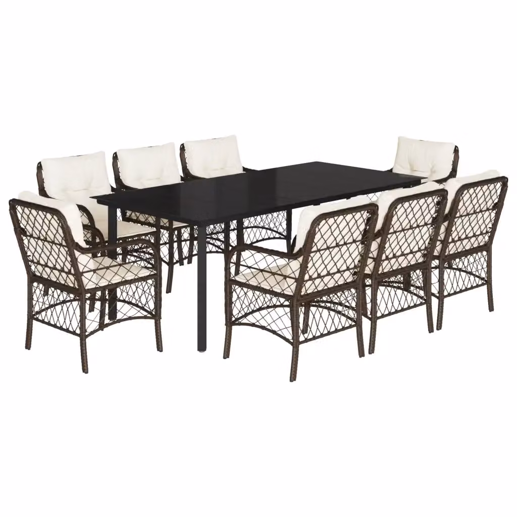 Set da Pranzo da Giardino vidaXL in Polyrattan Marrone con Cuscini e Piano in Vetro, 9 Pezzi – 2