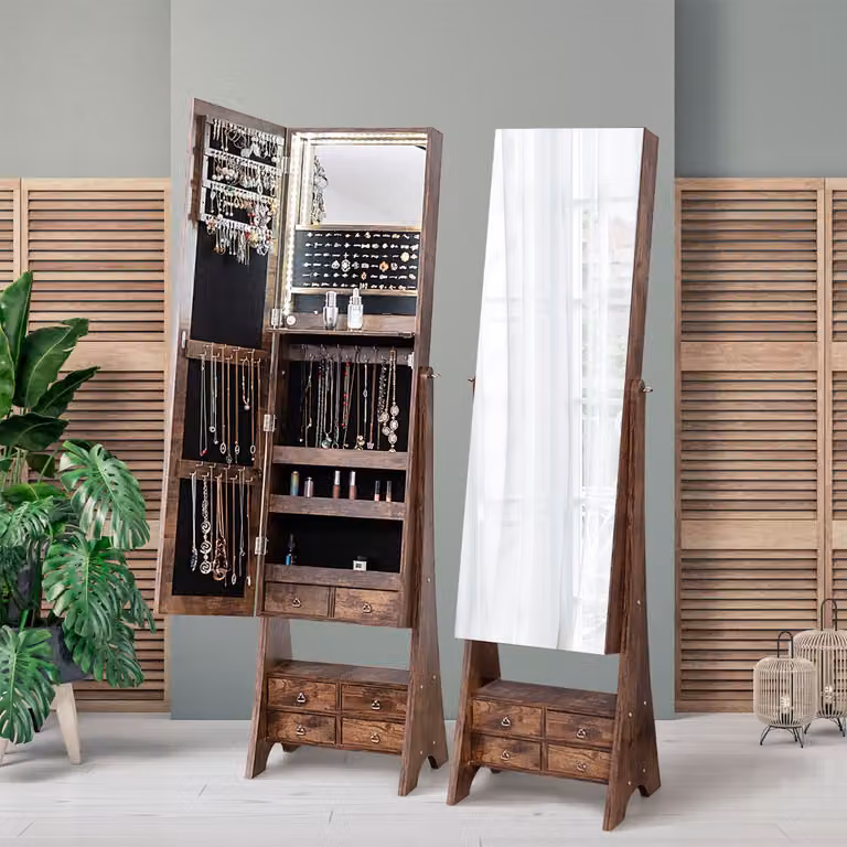 Armadio portagioie Costway con specchio a figura intera e luci LED, mensola per trucco pieghevole, colore marrone