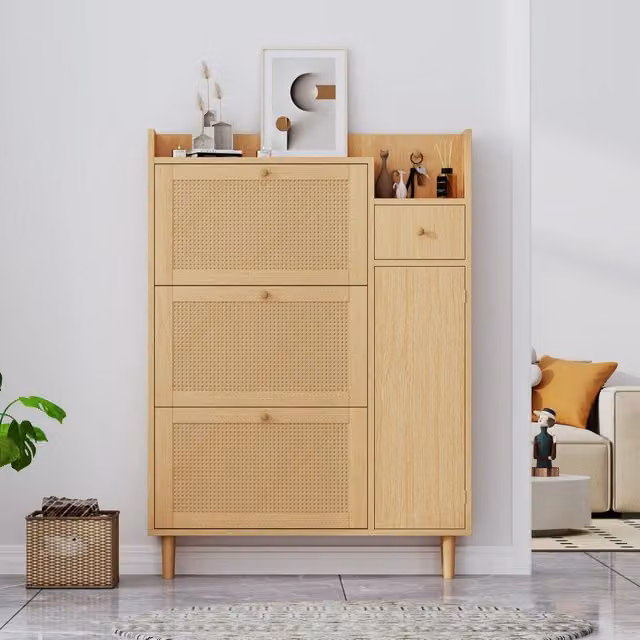 Scarpiera Minimal in Rattan e Legno Massello Beige con Ante a Ribalta e Cassetto L 90 cm, H 125 cm, P 17 cm