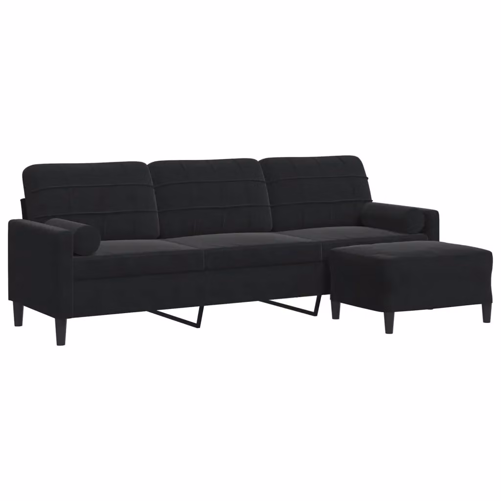 Divano a 3 posti vidaXL in velluto nero con poggiapiedi coordinato e struttura in metallo per soggiorno o giardino L: 226 cm, P: 80 cm, H: 77 cm – 2