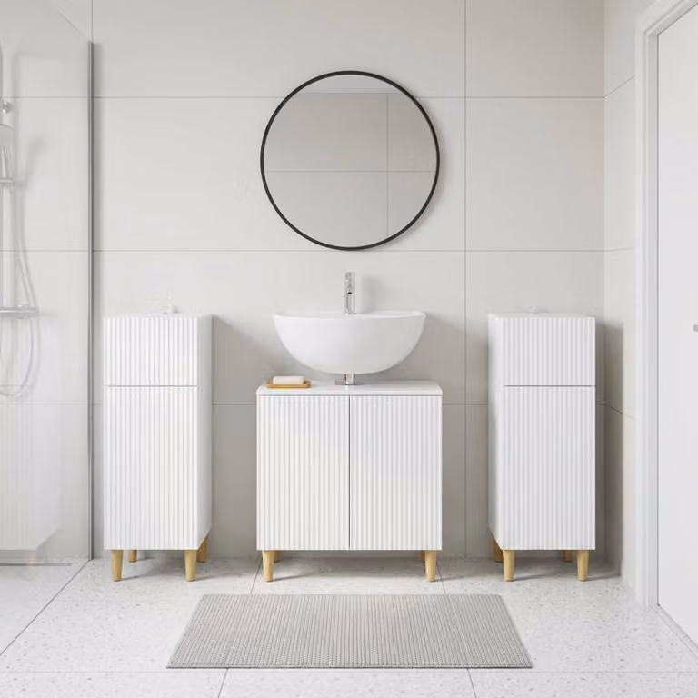 Set di mobili da bagno vidaXL ARNHEM in 3 pezzi, bianco lucido, con mobile lavabo e armadietti laterali