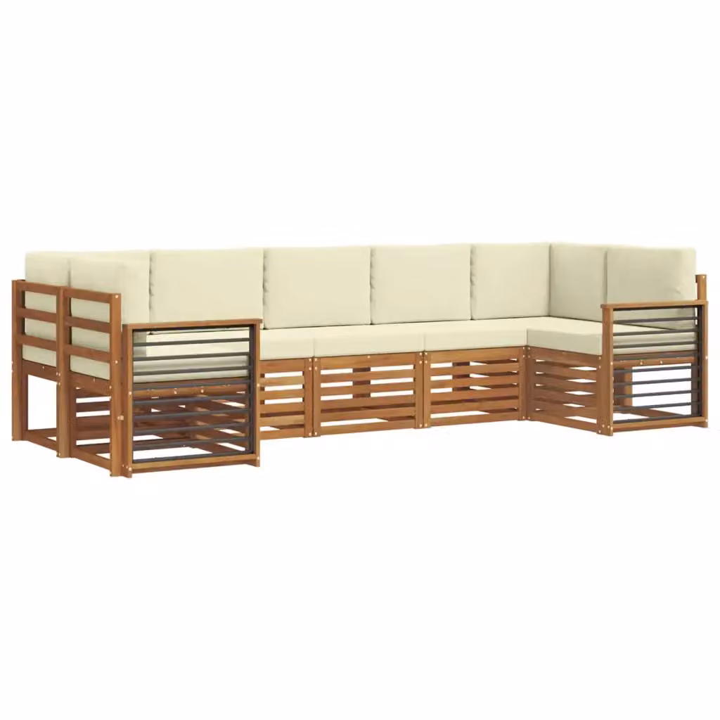 Set di divani da esterno a L vidaXL in legno di acacia con cuscini beige e bianchi per giardino e terrazza – 2