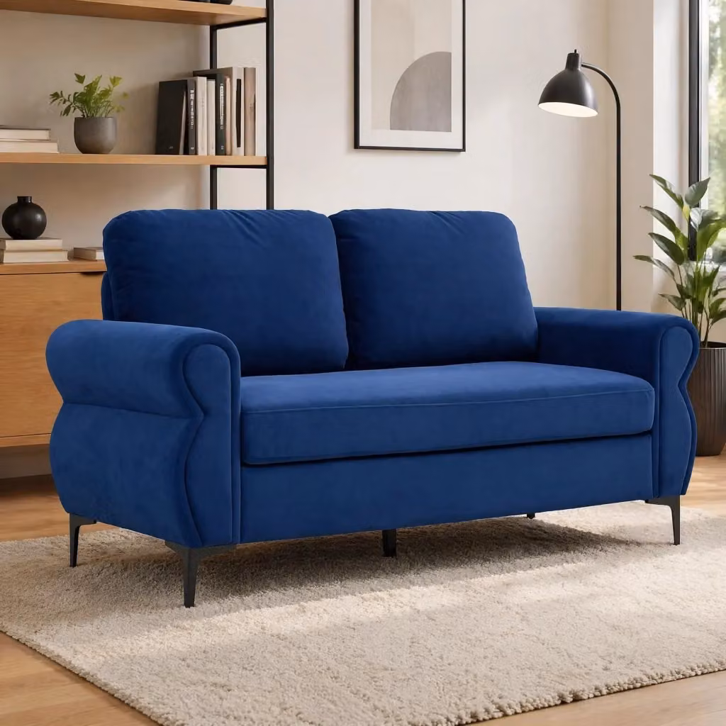 Divano compatto Mivray in tessuto blu con struttura in metallo e legno, cuscini sfoderabili, altezza piedi: 15 cm, altezza seduta: 49 cm – 2