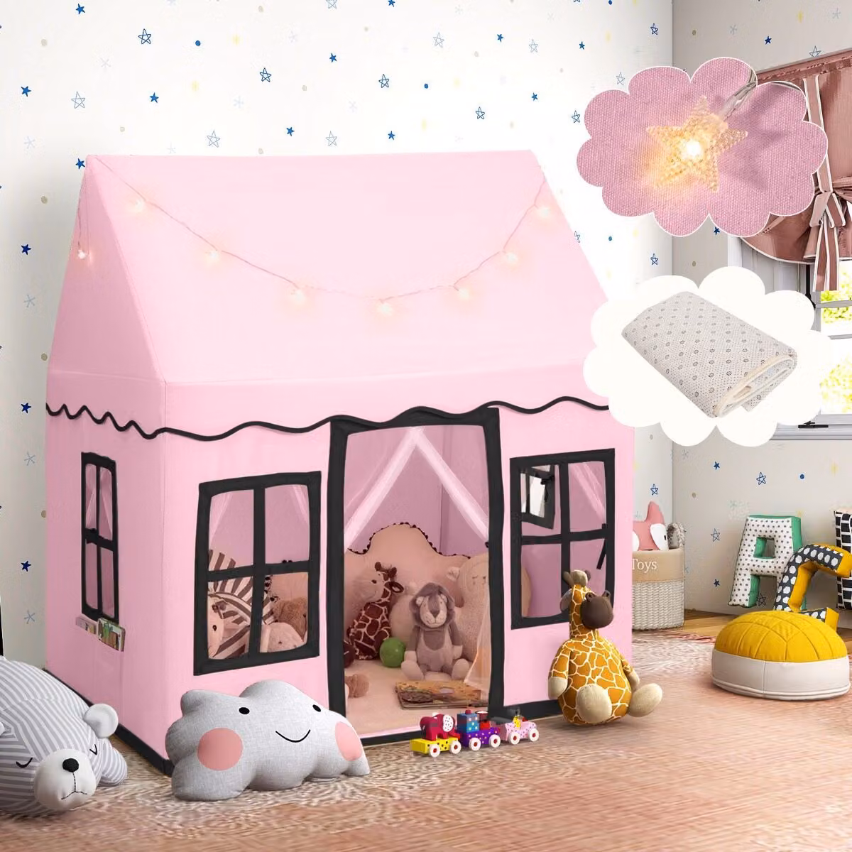 Costway Set Tenda da Gioco per Bambini con Tavolo e 2 Sedie, Casetta per Interni ed Esterni Rosa