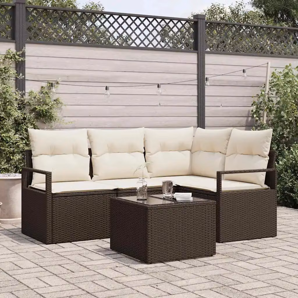 Set di divani da giardino vidaXL 5 pezzi in rattan marrone con cuscini e tavolino da caffè – 1