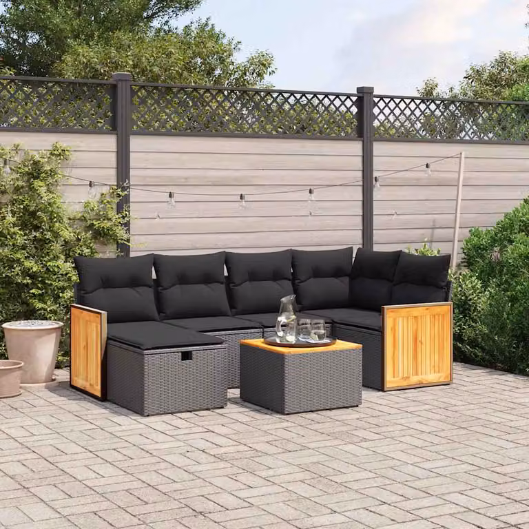 vidaXL Set Divani da Giardino a L con 7 Pezzi Nero con Cuscini e Tavolino in Polyrattan e Acciaio
