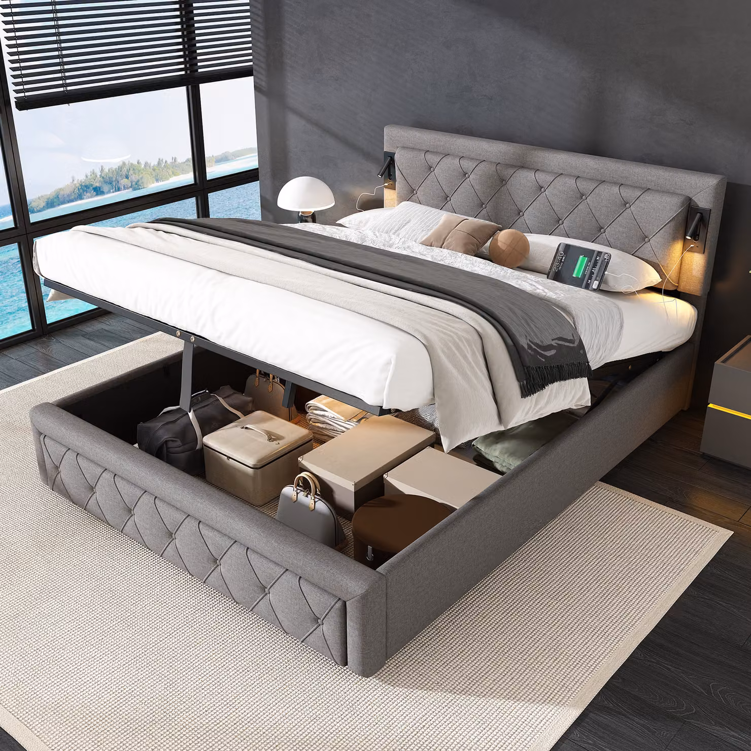 Letto imbottito STILVORA 160x200, letto per ragazzi con rete a doghe e testiera a rombi, letto matrimoniale con faretto e porta USB, grigio (senza materasso)