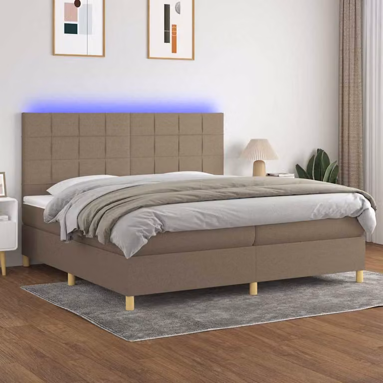Letto matrimoniale con materasso ibrido e illuminazione LED vidaXL, colore tortora, L/P: 200 x 200 cm