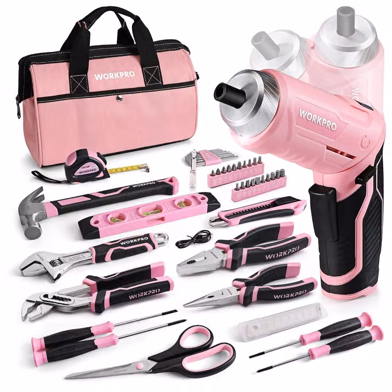 Set di utensili rosa da 53 pezzi, con avvitatore a batteria compatto, borsa degli attrezzi fornita, ideale per piccole riparazioni domestiche