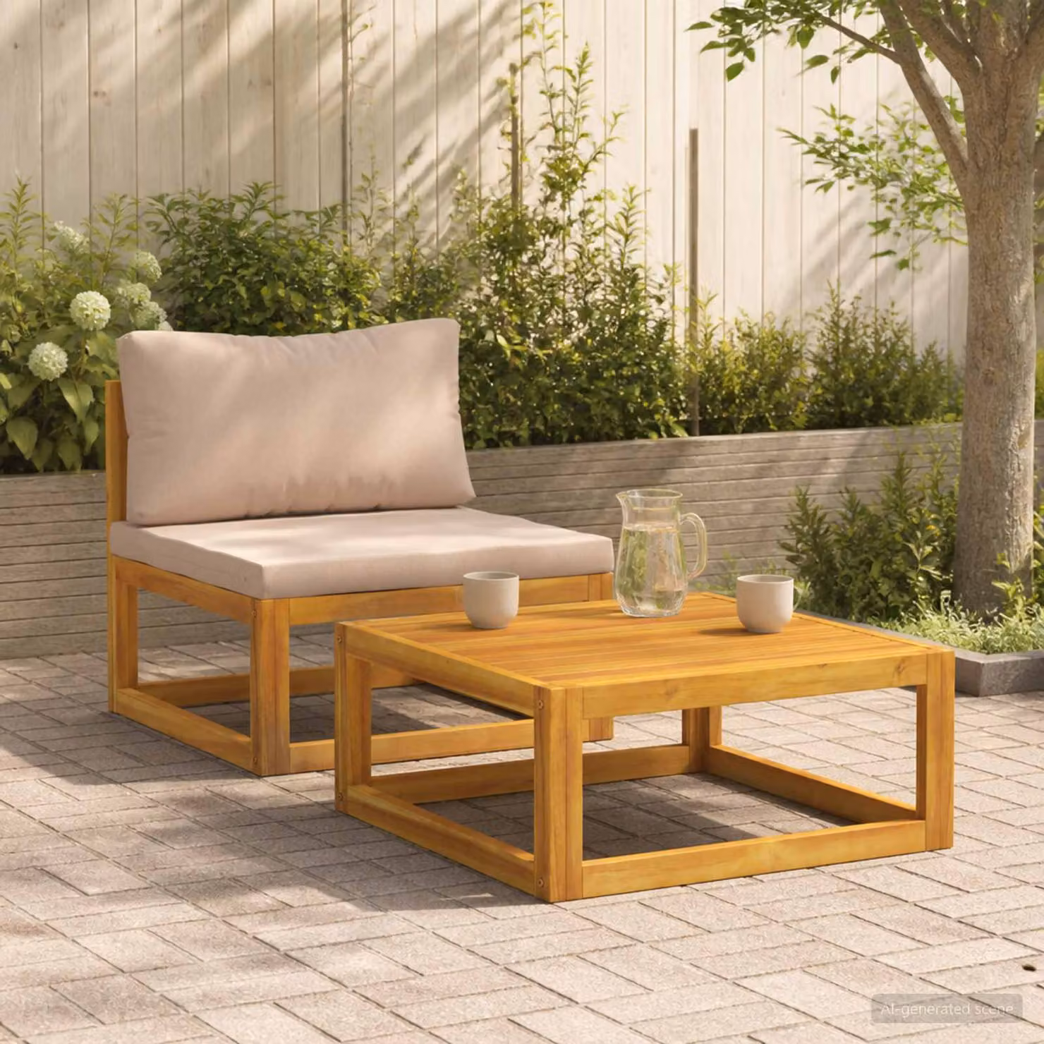Set da giardino moderno vidaXL composto da divano 2 posti e tavolino da caffè in legno di acacia con cuscini beige o grigi
