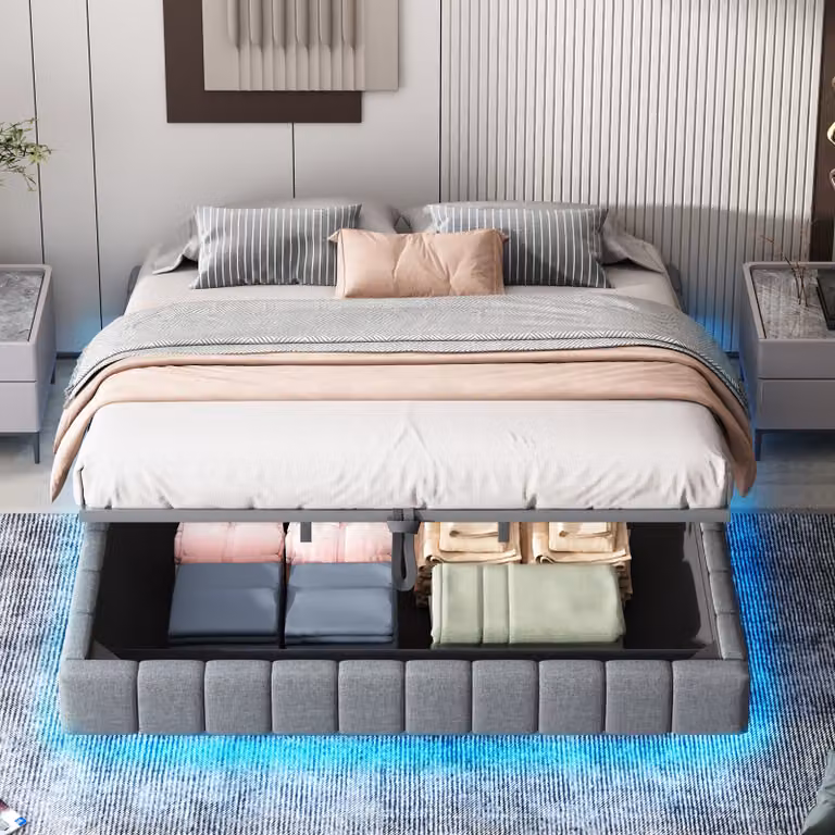 Letto imbottito MODFU Letto matrimoniale, 180x200 cm, letto per ragazzi Letto contenitore, senza testiera, letto idraulico, rete, con luce LED, senza materasso, grigio