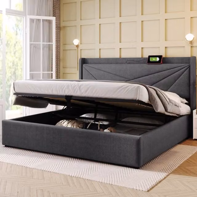 Letto Contenitore REDOM Grigio con Porte USB e Tipo C, L/P/H: 140 x 200 x 107 cm