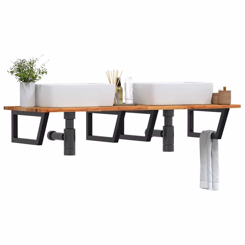 vidaXL Ripiano da parete per lavabo in acciaio e legno di acacia oliato, nero e marrone
