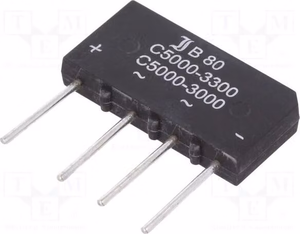 Raddrizzatore a ponte: monofase; Tensione massima: 160V; Corrente di corto circuito: 150A; Corrente: 5A. Modello: B80C5000A. Raddrizzatori a ponte diodi, versione piatta