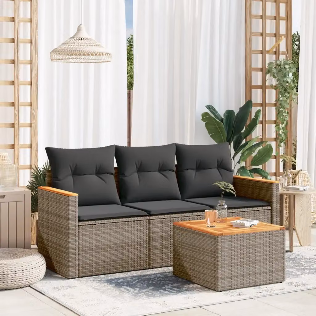 Set Salotto da Giardino 4 Pezzi in Polyrattan Grigio con Cuscini e Tavolino da Caffè Moderno – 2