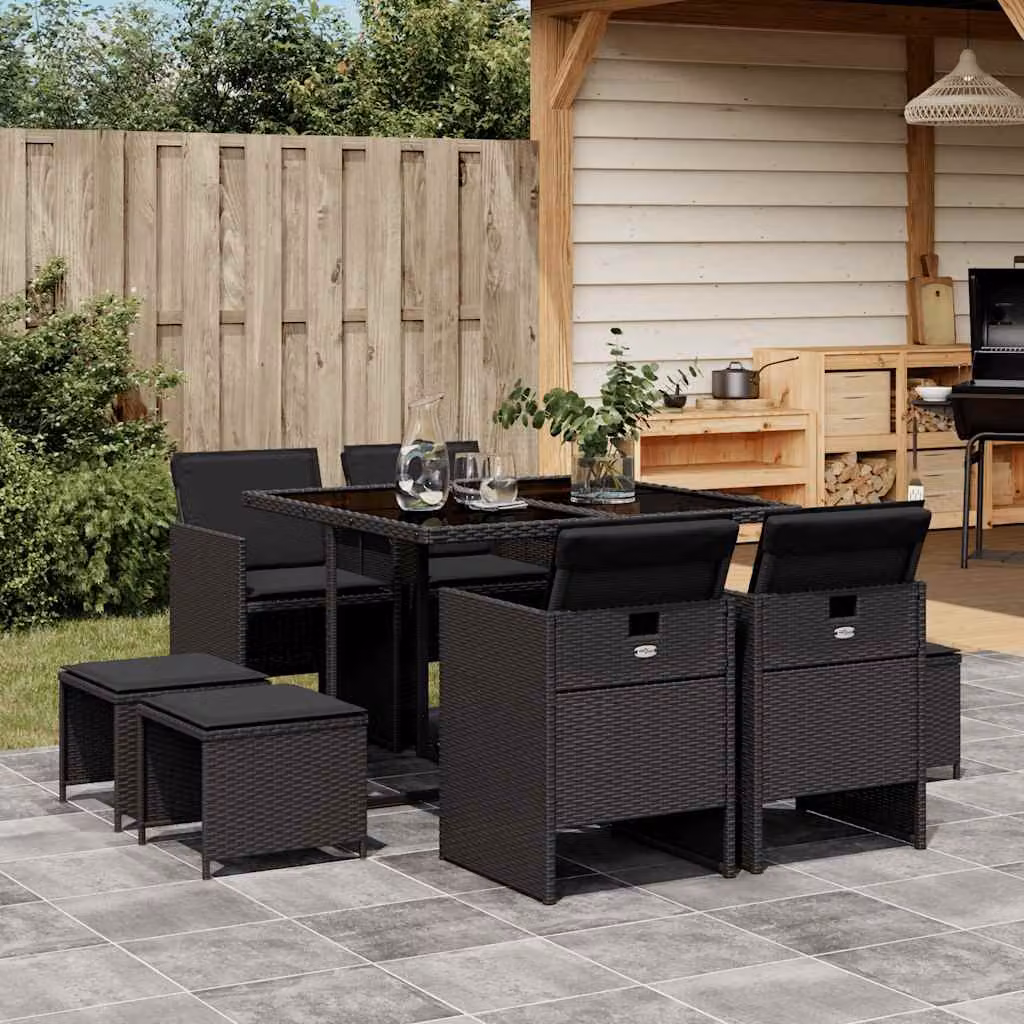 Set da Pranzo da Giardino vidaXL 9 pz in Polyrattan Nero con Cuscini e Tavolo in Vetro – 1