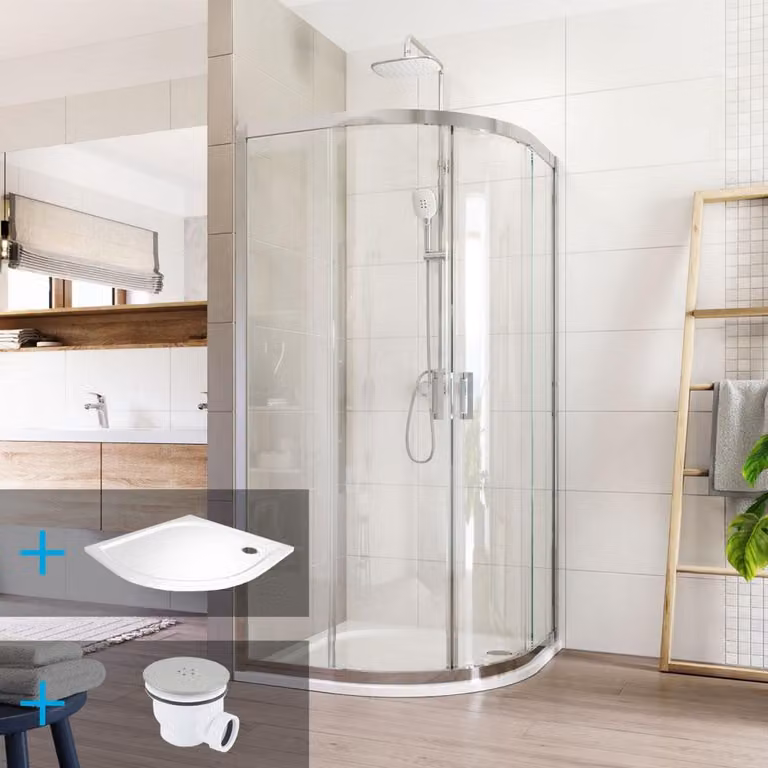 Set doccia Mereo:, LIMA, quarto di cerchio, 90x90x190 cm, R 550, cromo ALU, vetro trasparente, piatto in marmo - CK608B23KM