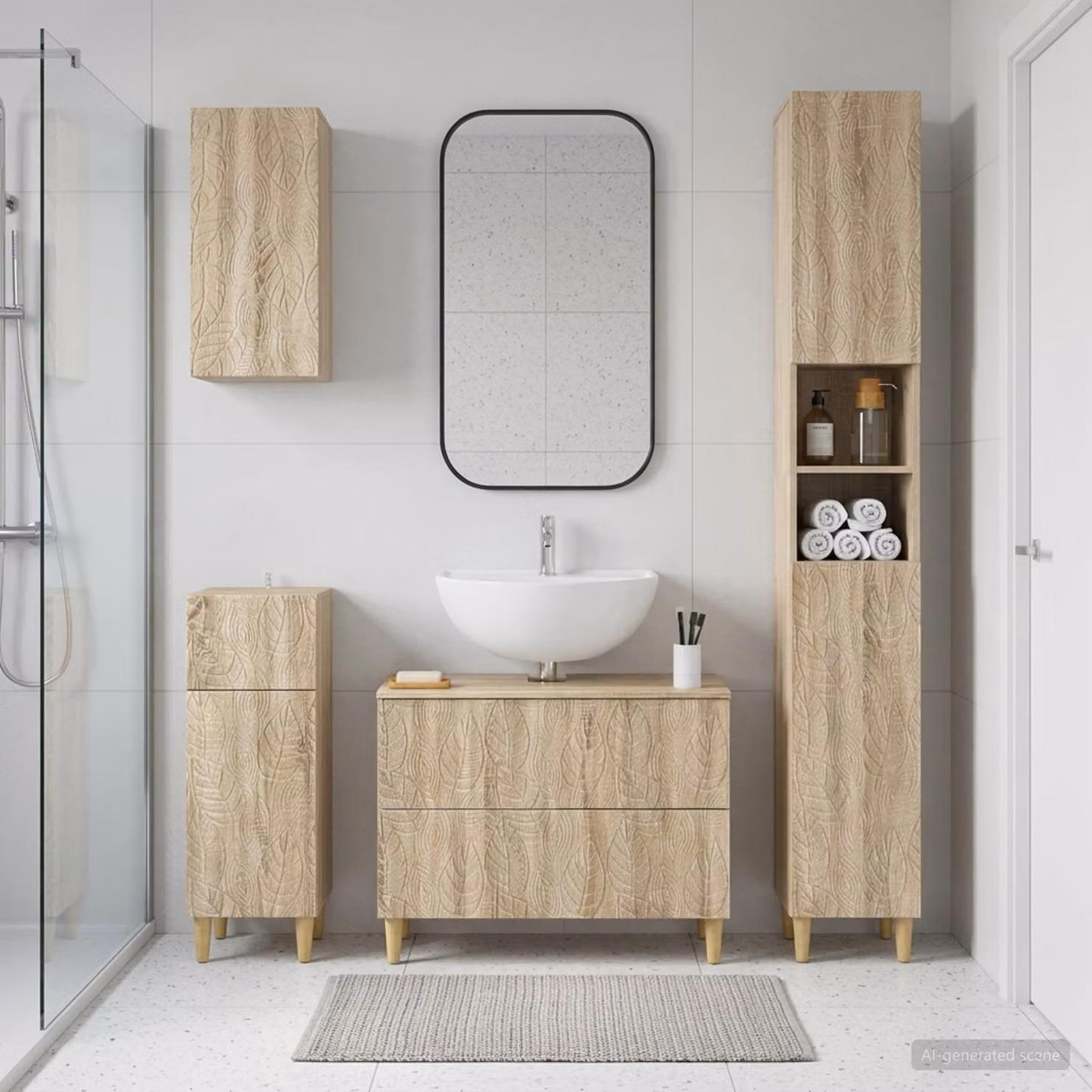 Set di mobili da bagno moderno vidaXL DELFT composto da 4 pezzi in colore marrone Rovere Sonoma con vanità e pensili a muro