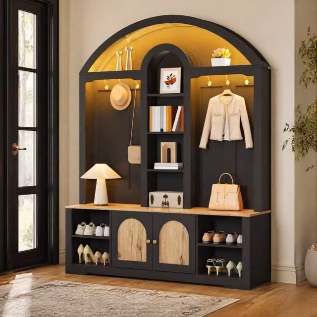Armadio guardaroba da ingresso moderno nero con illuminazione integrata e ripiani, design ad angolo, L/P/H: 150 x 40 x 195 cm – 1