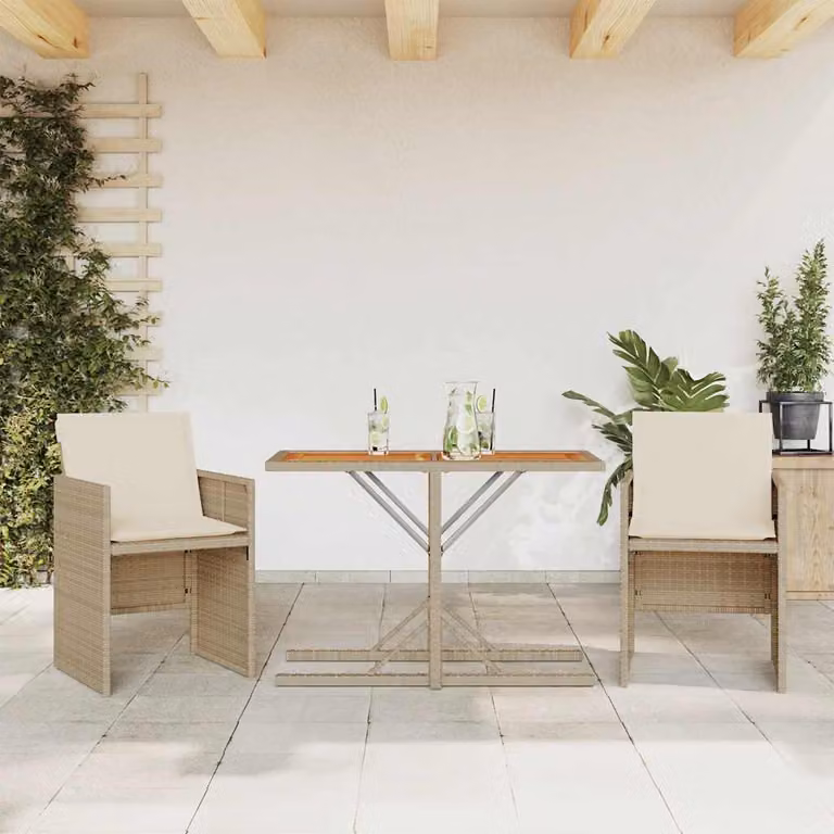 Set da Bistrò vidaXL 3 pz in Polyrattan con Cuscini Beige e Tavolo in Legno di Acacia