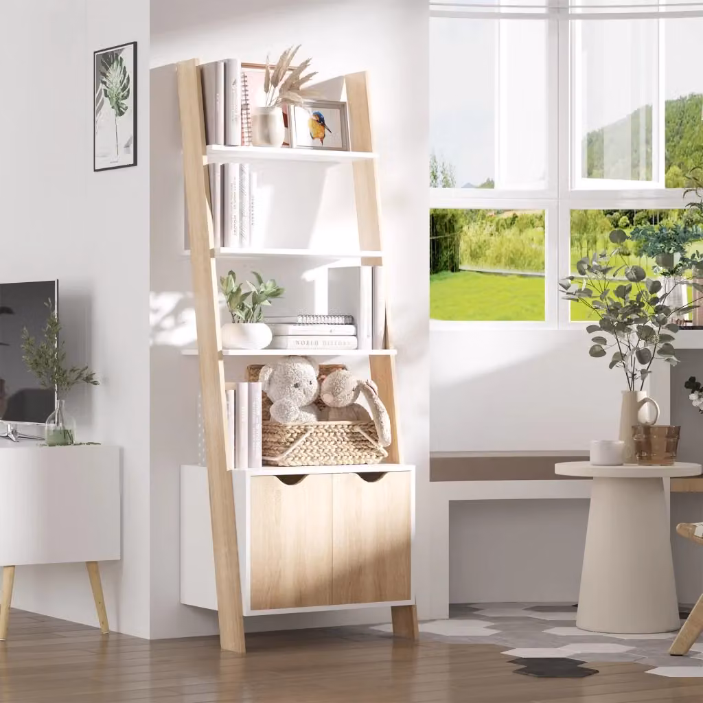 Libreria a Scala Minimal in Legno con 3 Ripiani e Armadio, Colore Bianco e Marrone, L 60 cm x P 40 cm x H 171 cm – 2