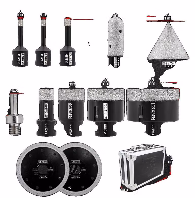 Trapano a nucleo, realizzato con materiale diamantato resistente, set completo, 12 pezzi, custodia, filettatura M14