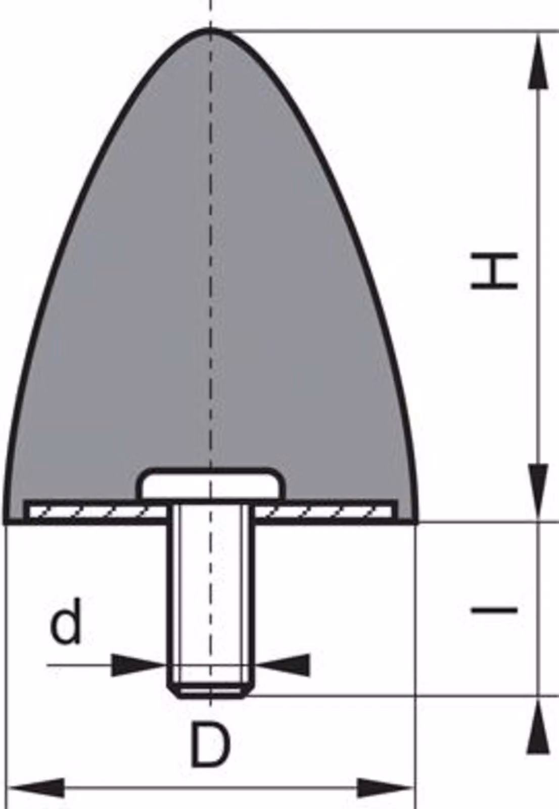 Tampone parabolico in gomma-metallo tipo D D95xH83 M16x42 NR60