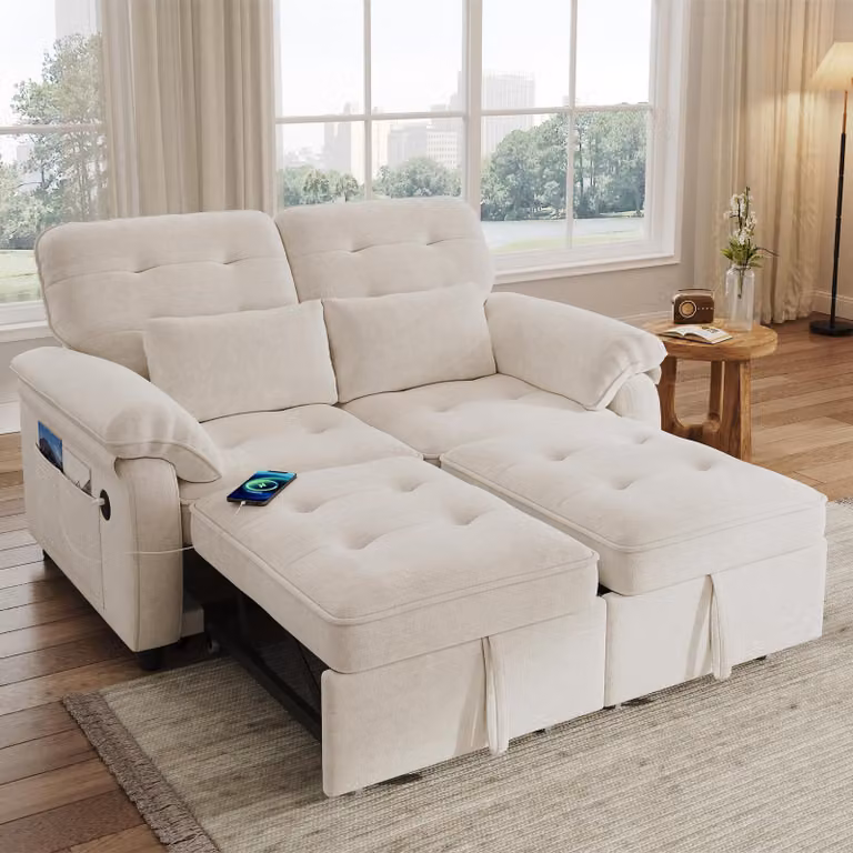 MODFU Divano a due posti Divano modulare con cuscini e porta USB Divano letto con schienale regolabile Divano lounge 3 in 1 Beige
