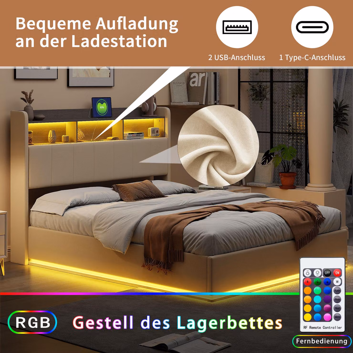 Letto 140x190 cm, imbottito in velluto, con testiera illuminata a LED, rete a doghe e porta USB di tipo C